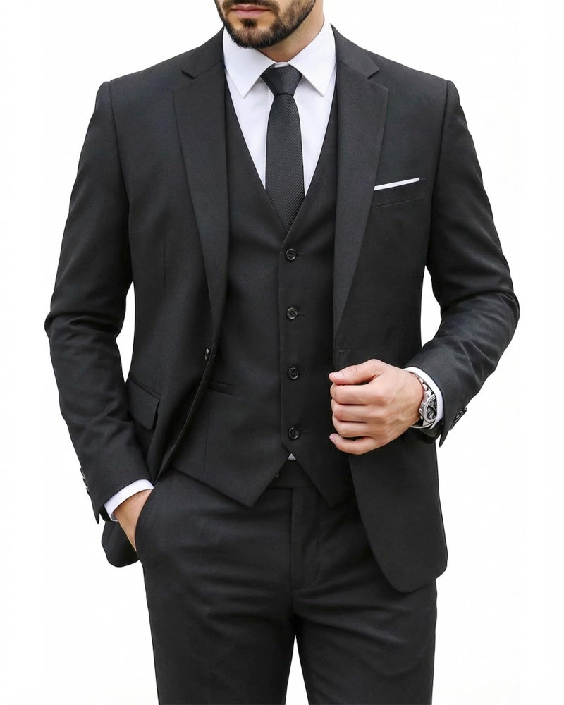 MYS MY'S Men's 3 Piece Slim Fit Suit Set, One Button Solid Jacket Vest Pants with Tie Black - Image 1